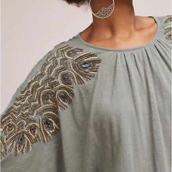 Anthropologie Vanessa Virginia Feather-Cloaked Top Olive Shirt size M/L - Picture 12 of 12